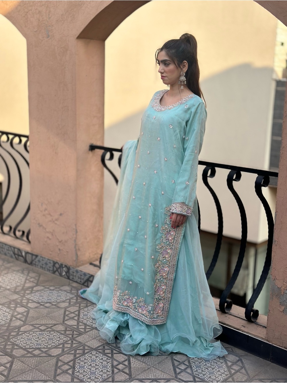Handwork glass beds/Embroidered Pastel Seafoam Green Women’s Dress